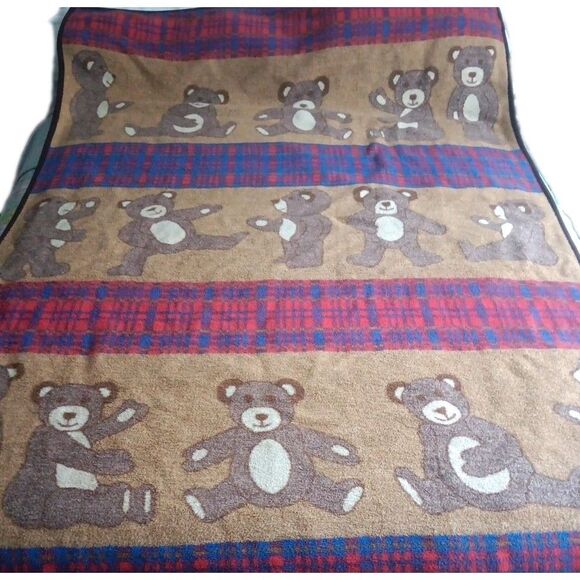 VTG San Marcos Blanket 56x86 Teddy Bear Animal Plaid Brown Red Blue Cottagecore - Picture 4 of 8